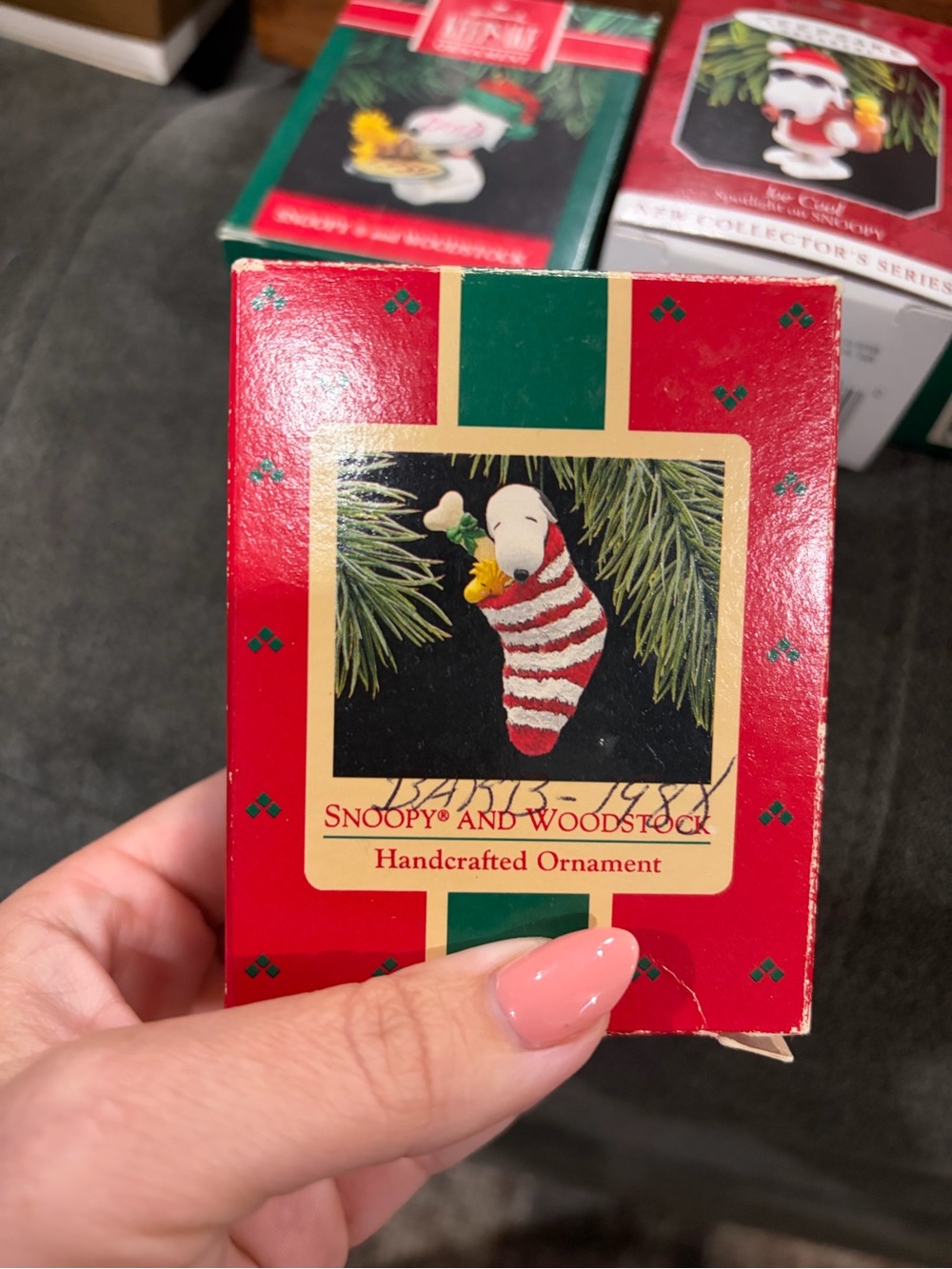 Six Hallmark Snoopy & Woodstock Ornament in Red, White and Green